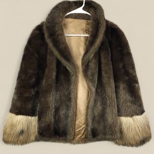 Vintage 60s 70s GLENOIT Faux Fur Car Coat Penny Lane Mob Wife Brown Beige Trim